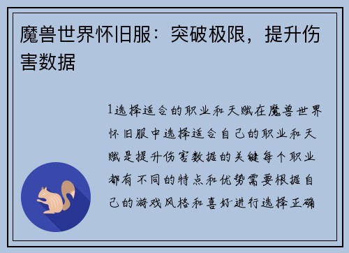 魔兽世界怀旧服：突破极限，提升伤害数据